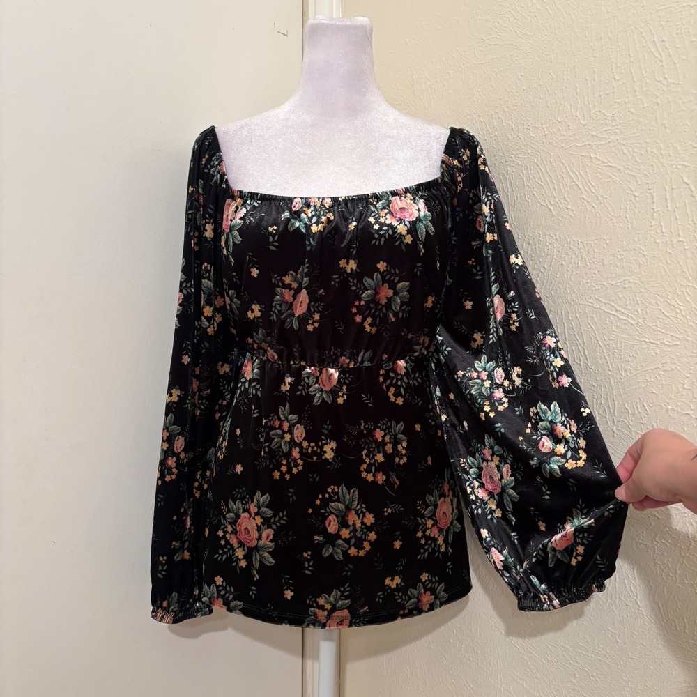 Black Velvet Pink Floral Square Neck Balloon Sleeve Blouse Top Whimsigoth L